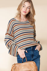 Gray Stripe Knitted Drop Sleeve Cropped Loose Sweater - Ninonine