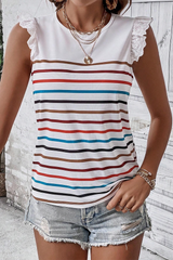 White Colorful Striped Embroidered Trim Sleeveless Top