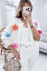 White Cute Flower Pattern Button-Up Cardigan