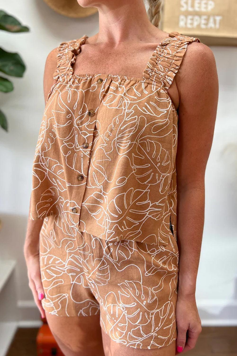 Brown Floral Print Cropped Cami Top and Pocketed Shorts Set - Ninonine