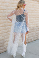 White Polka Dot Print Collared Buttoned Mesh Cover Up