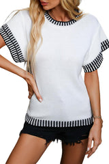 White Contrast Trim Round Neck Batwing Sleeve Knitted T Shirt