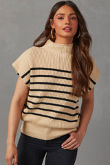 Parchment Striped Knit Mock Neck Short Sleeve Sweater - Ninonine