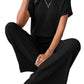 Black Solid Color Ribbed Short Sleeve Wide Leg Jumpsuit