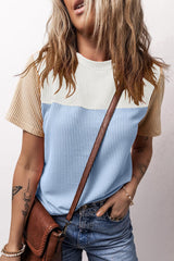 Light Blue Rib Textured Colorblock Round Neck T Shirt