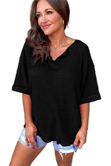 Black Textured Knit Split Neck Short Sleeve Top - Ninonine