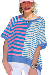 Blue Stripe Contrast Colorblock Oversized T Shirt