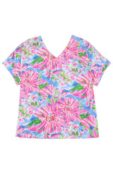 Pink Floral Print Loose Fit V Neck T Shirt