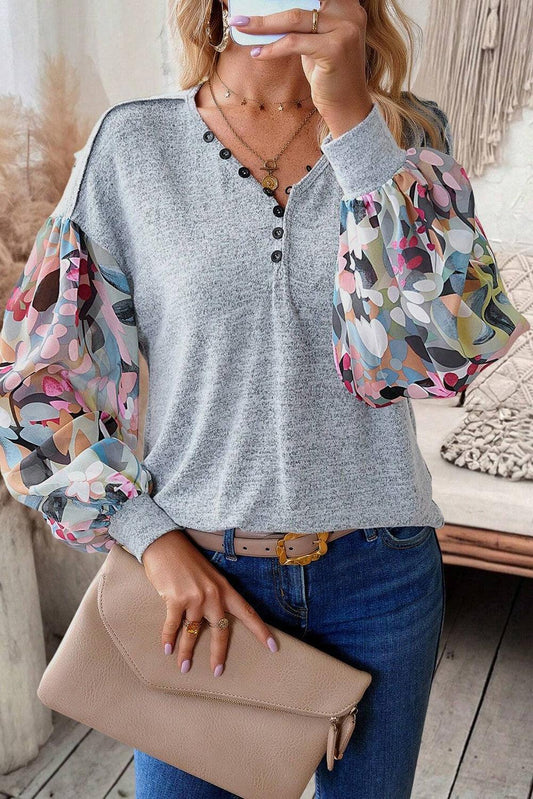 Gray Floral Splicing Lantern Sleeve Buttoned V Neck Top