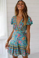 Multicolour Floral Print Wrapped Ruffle Sleeve Short Dress