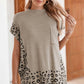 Smoke Gray Leopard Splicing Side Slit Short Sleeve Sweater