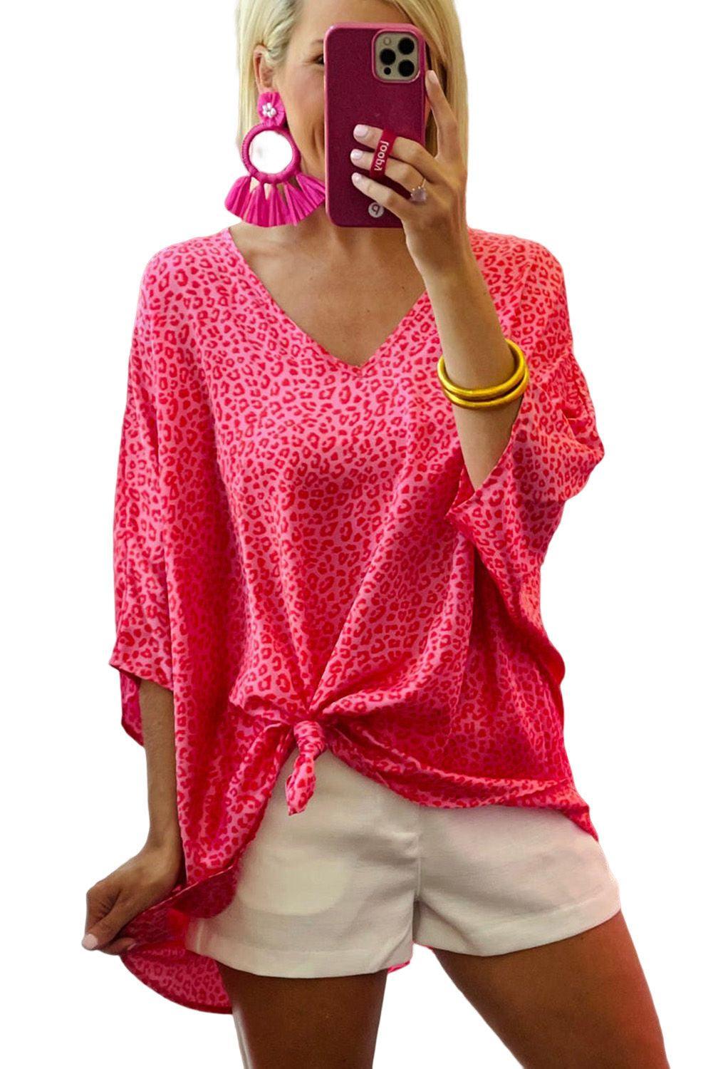 Rosy Leopard Print Oversized Casual Half Sleeve V Neck Top - Ninonine