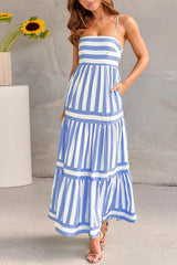 Sky Blue Stripe Print Spaghetti Strap Backless Pocket Maxi Dress