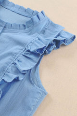 Light Blue Ruffle Trim Sleeveless Button Up Shirt - Ninonine