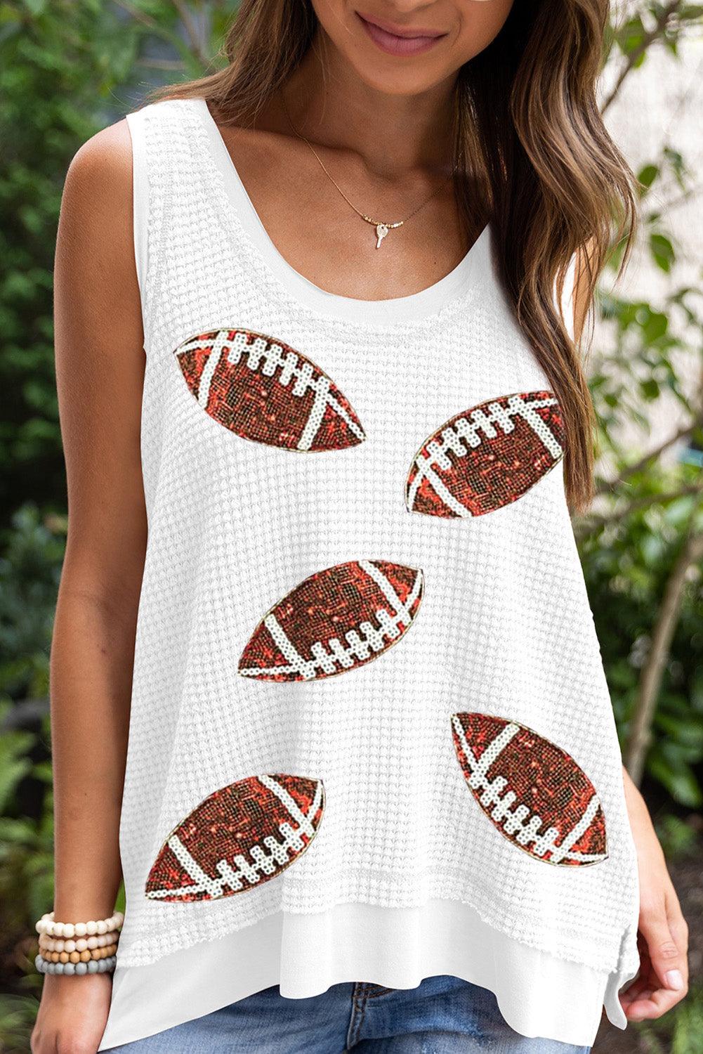 White Waffle Knit Sequin Rugby Graphic Tank Top