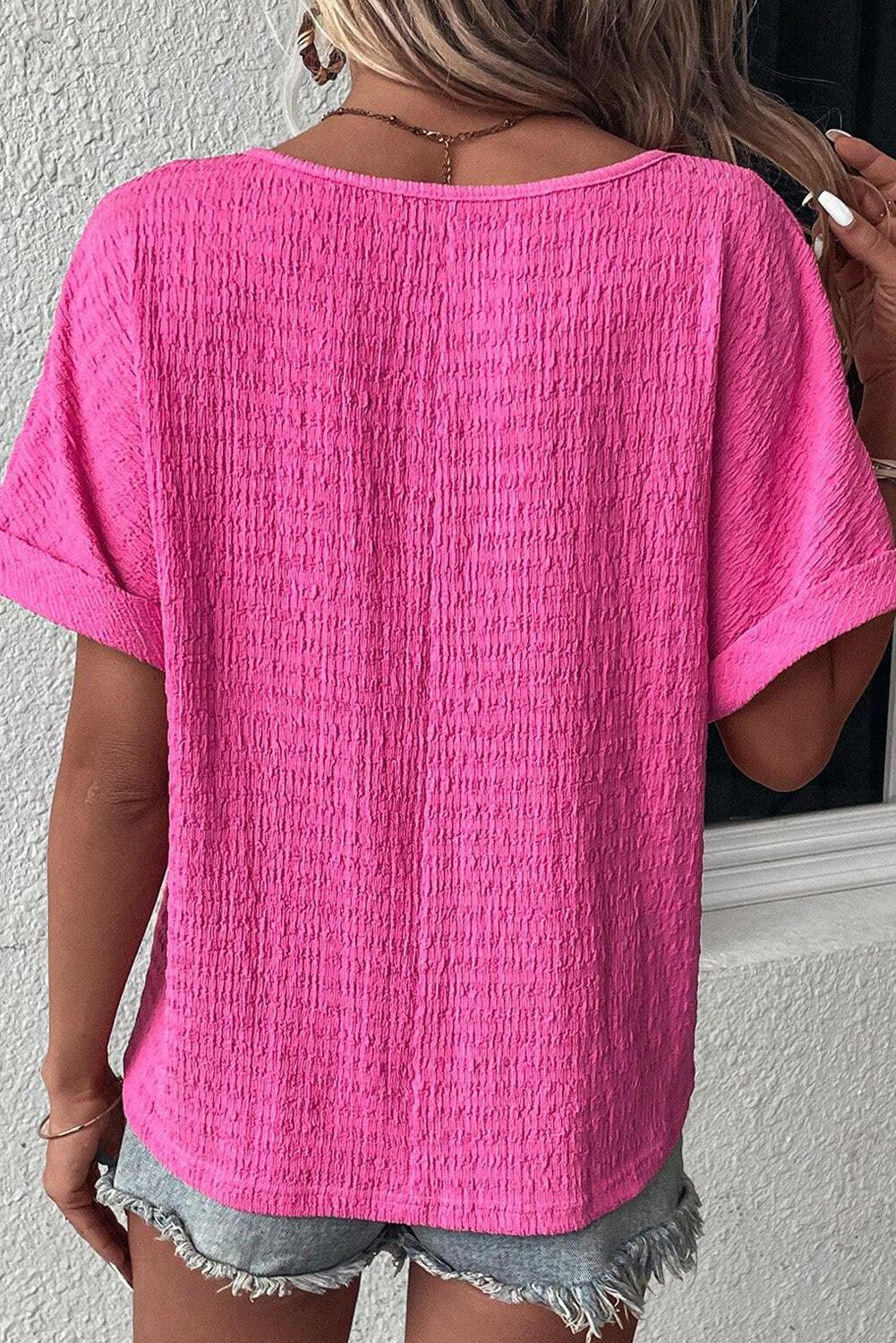 Bright Pink Textured V Neck Batwing Sleeve Plus Size Blouse - Ninonine