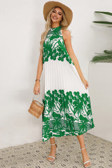 Green Color Block Tropical Printed Sleeveless Pleated Midi Dress