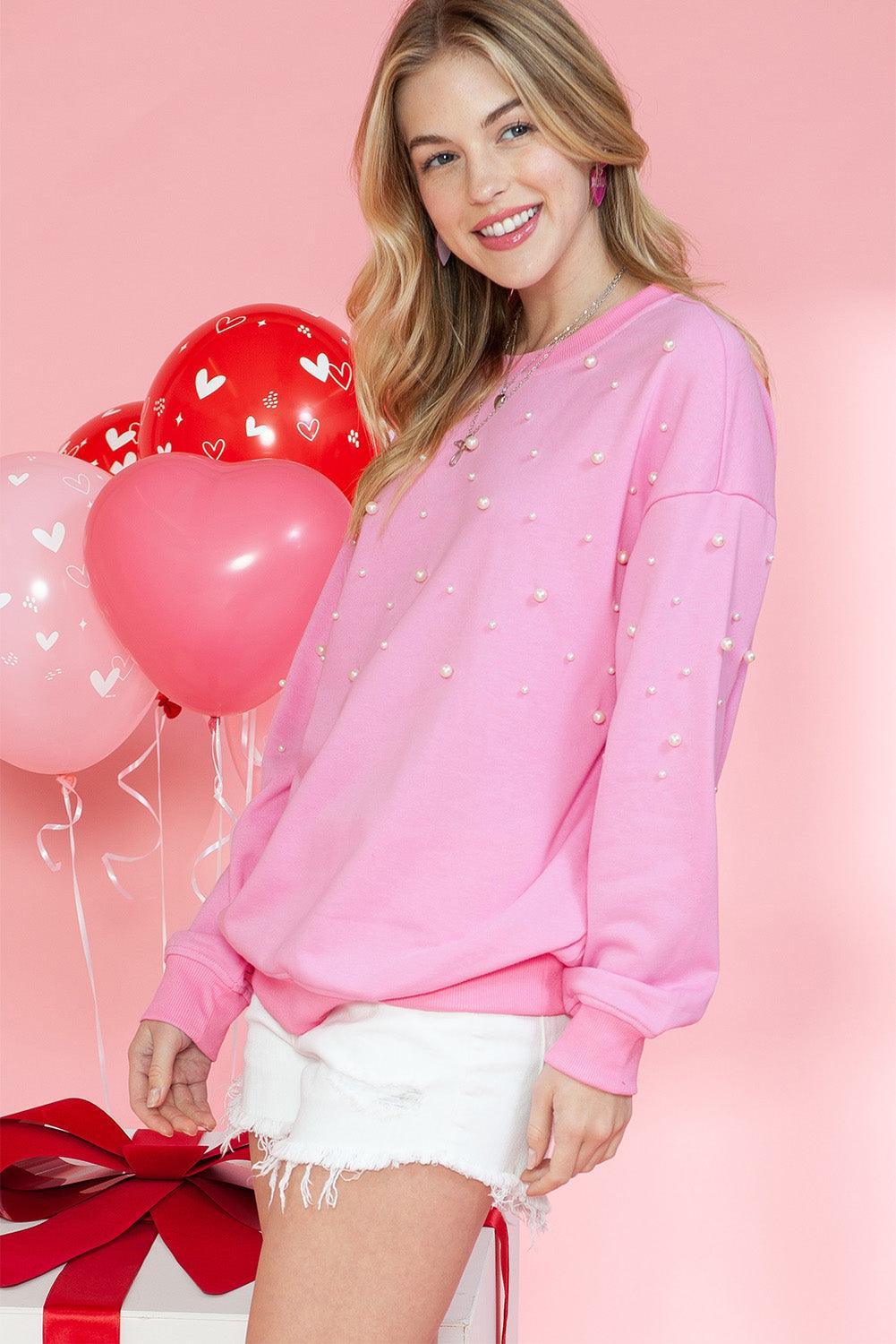 Pink Pearl Decor Ribbed Contrast Round Neck Sweatshirt - Ninonine