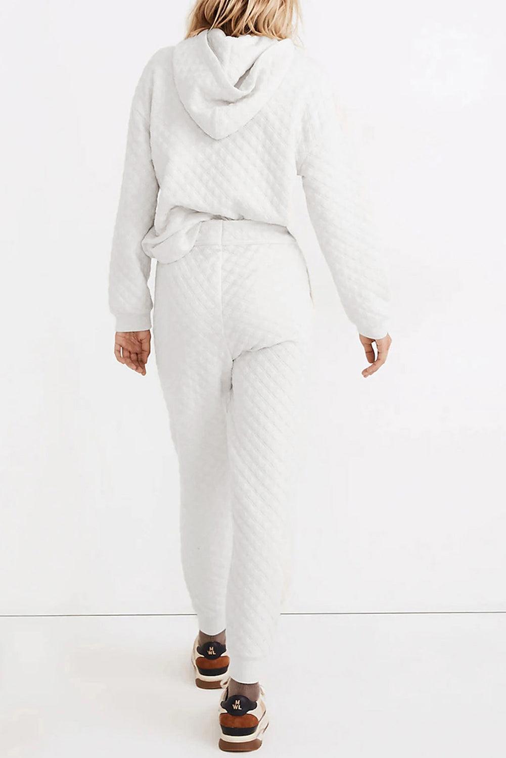White Quilted Hoodie and Drawstring Jogger Pants Set - Ninonine