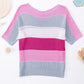 Pink Knitted Eyelet Colorblock Striped Half Sleeves Top