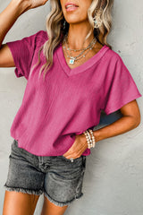 Bright Pink Crinkled V Neck Wide Sleeve T-shirt