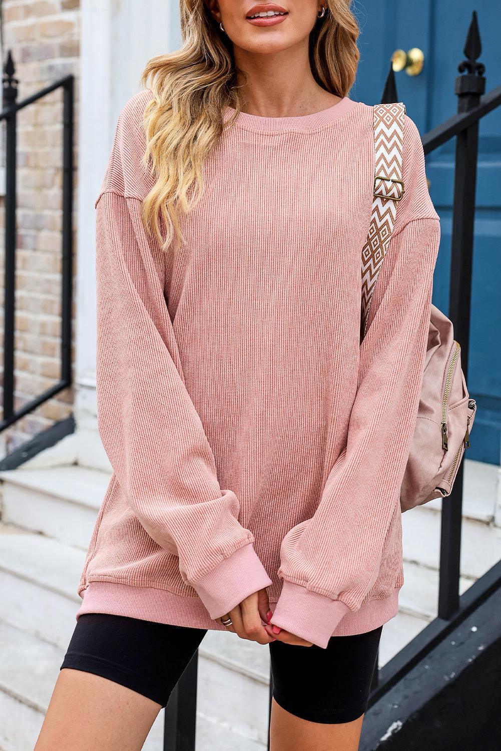 Pink Solid Ribbed Round Neck Pullover Sweatshirt - Ninonine