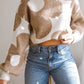 Khaki Floral Pattern Ribbed Trim Pullover Sweater