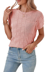 Dusty Pink Lattice Textured Knit Short Sleeve Baggy Sweater