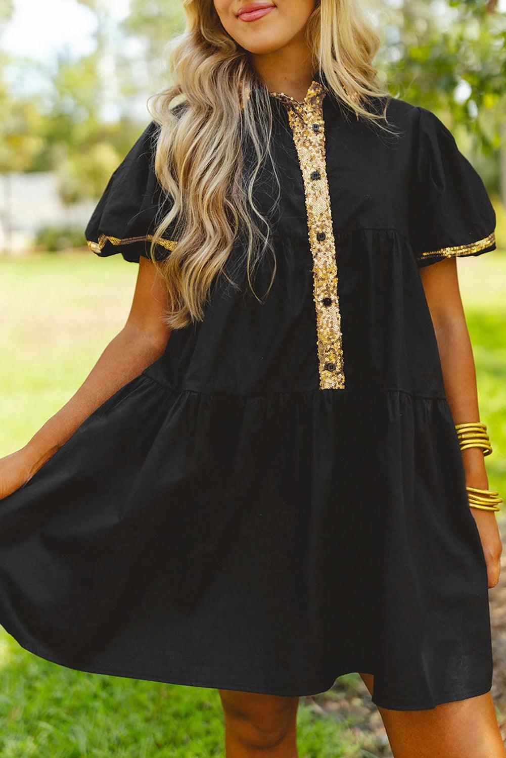 Black Sequin Trim Bubble Sleeve Tiered Mini Dress