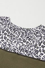 Jungle Green Leopard Print Waffle Knit Patchwork Top