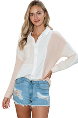 Khaki Color Block Buttoned Raw Hem Textured Shirt - Ninonine