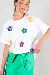 White Sequin 60s Flower Patch Graphic Round Neck T Shirt