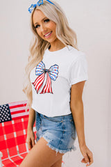White Stripes and Stars Bowknot Graphic T Shirt