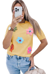Yellow Cream Cute Flower Pattern Knitted Top