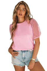 Pink Basic Tulle Puff Sleeve Round Neck Top