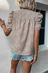 Khaki Leopard Print Smocked Puff Sleeve Blouse - Ninonine