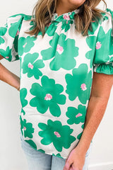 Green 60s Floral Print Puff Sleeve Frill Neckline Blouse