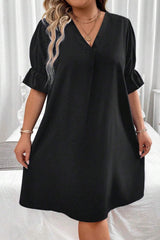 Black Ruffled Puff Sleeve V Neck Plus Size Mini Dress