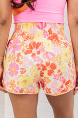 Orange Retro Floral Shirred High Waist Athletic Shorts