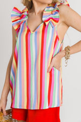 Multicolor Striped V Neck Ruffle Straps Sleeveless Shirt