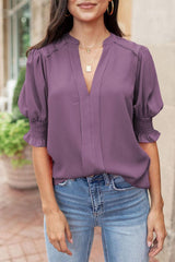 Purple Solid Color Half Sleeve Shirred V Neck Blouse