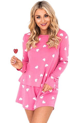 Pink Valentine Heart Print Long Sleeve Top and Shorts Pajama Set