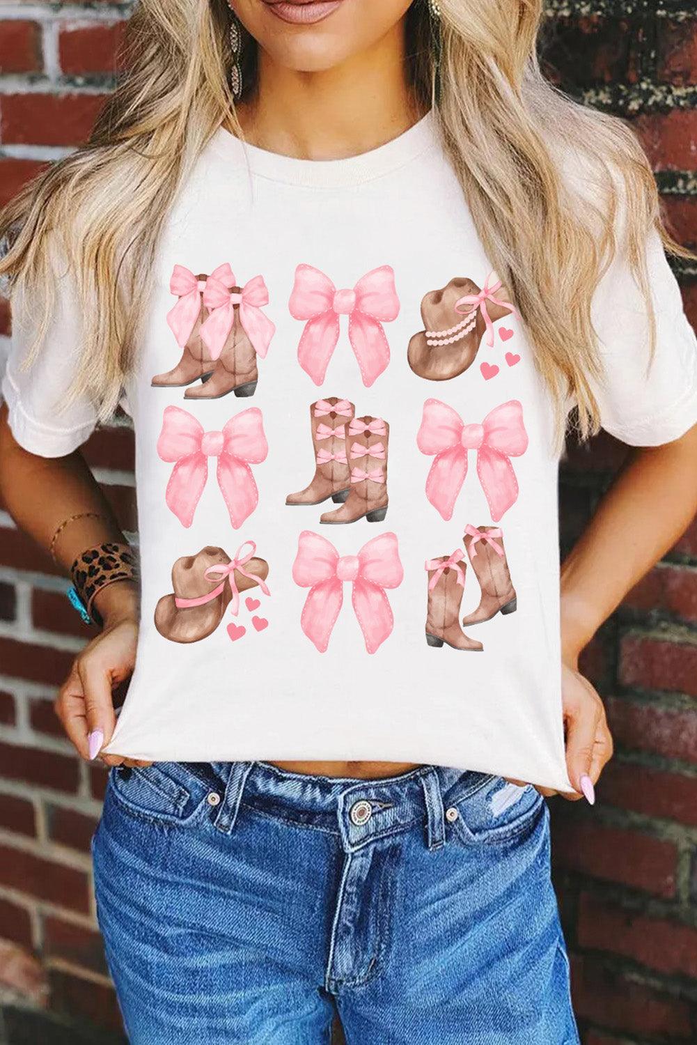 White Casual Hat Boots Bow Knot Graphic T Shirt