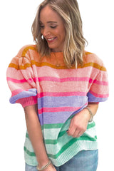 Rose Red Colourful Stripe Bubble Sleeve Gradient Knit Top