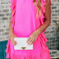 Bright Pink Ruffle Trim Short Sleeve Mini Dress