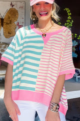 Pink Striped Colorblock Oversized T Shirt