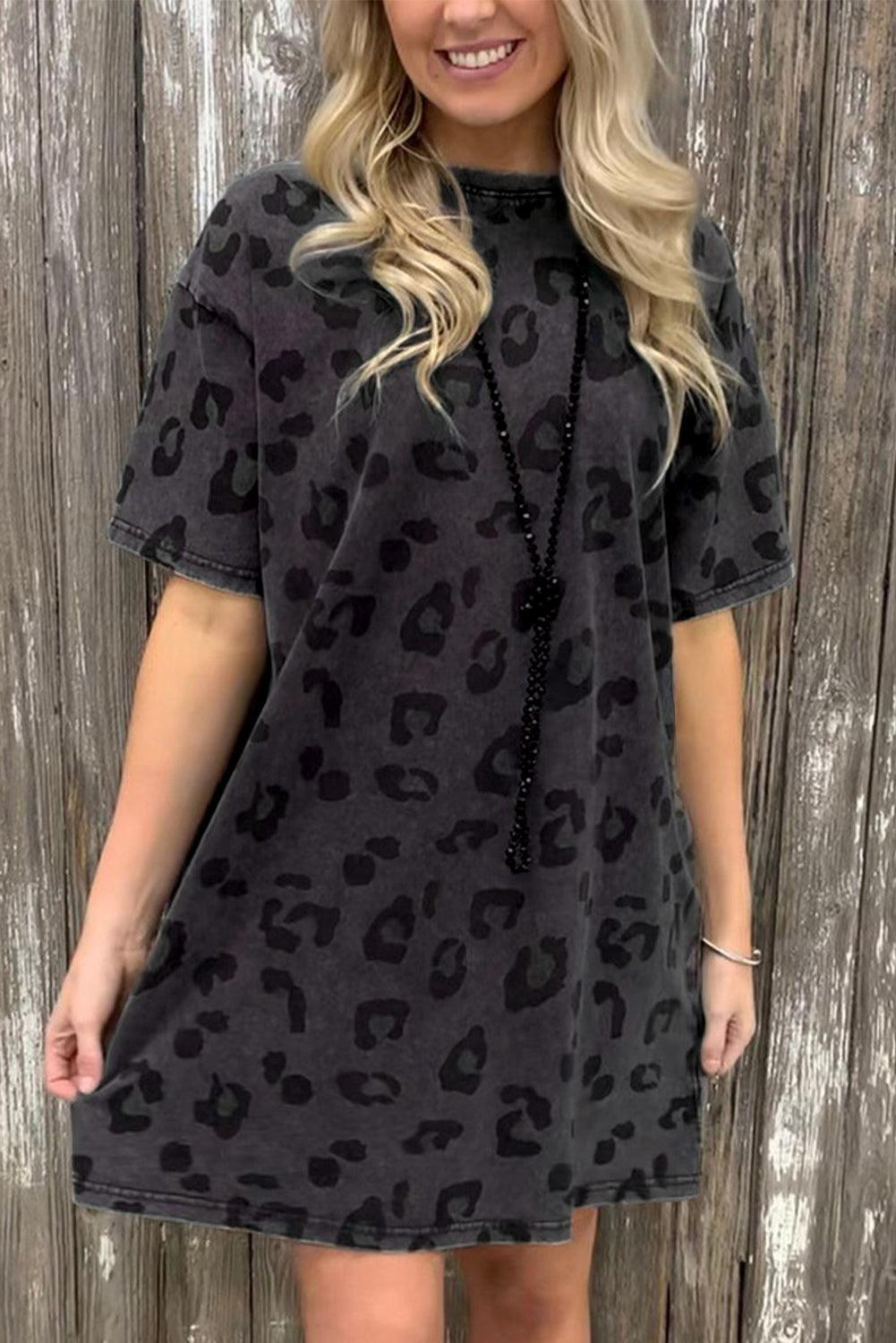 Gray Short Sleeve Casual Leopard Print Dress With Pockets - Ninonine