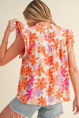 Orange Boho 60s Floral Print Ruffled Sleeve Smocked Shirt
