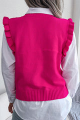 Rose Red Diamond Textured Frilled Mock Neck Sweater Vest