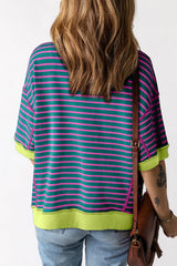 Green Stripe Colorblock Drop Sleeve Loose Top